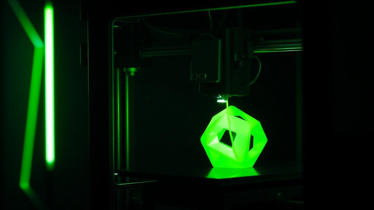 Impressora 3D em funcionamento com acabamento neon verde